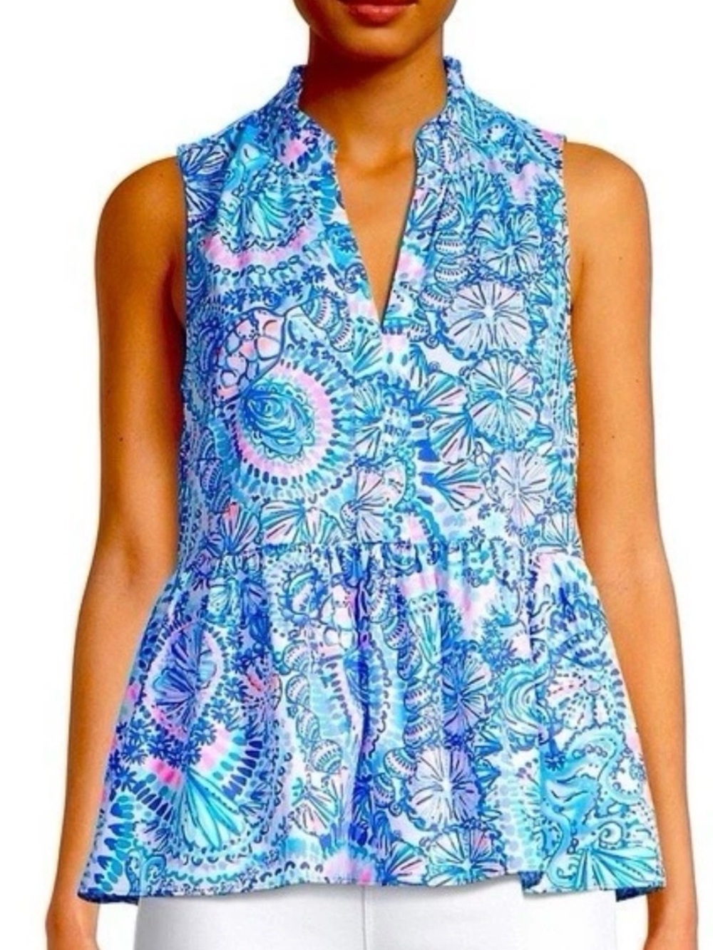 Lilly Pulitzer NOVELLA
RUFFLE HEM TOP BLUE GROTTO COMMOTION IN THE OCEAN
XL
